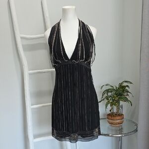Black Halter Embelished Leather And Chain Fringe Cocktail Dress